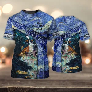 3D Dog T Shirts, Bernese Mountain Vincent Van Gogh Style Love Never Walk Alone All Over Print T-Shirt, Gift For Pet Loves