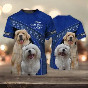 3D Dog T Shirts, Hovawart And Maltese Love Blue Never Walk Alone All Over Print T-Shirt, Gift For Pet Loves