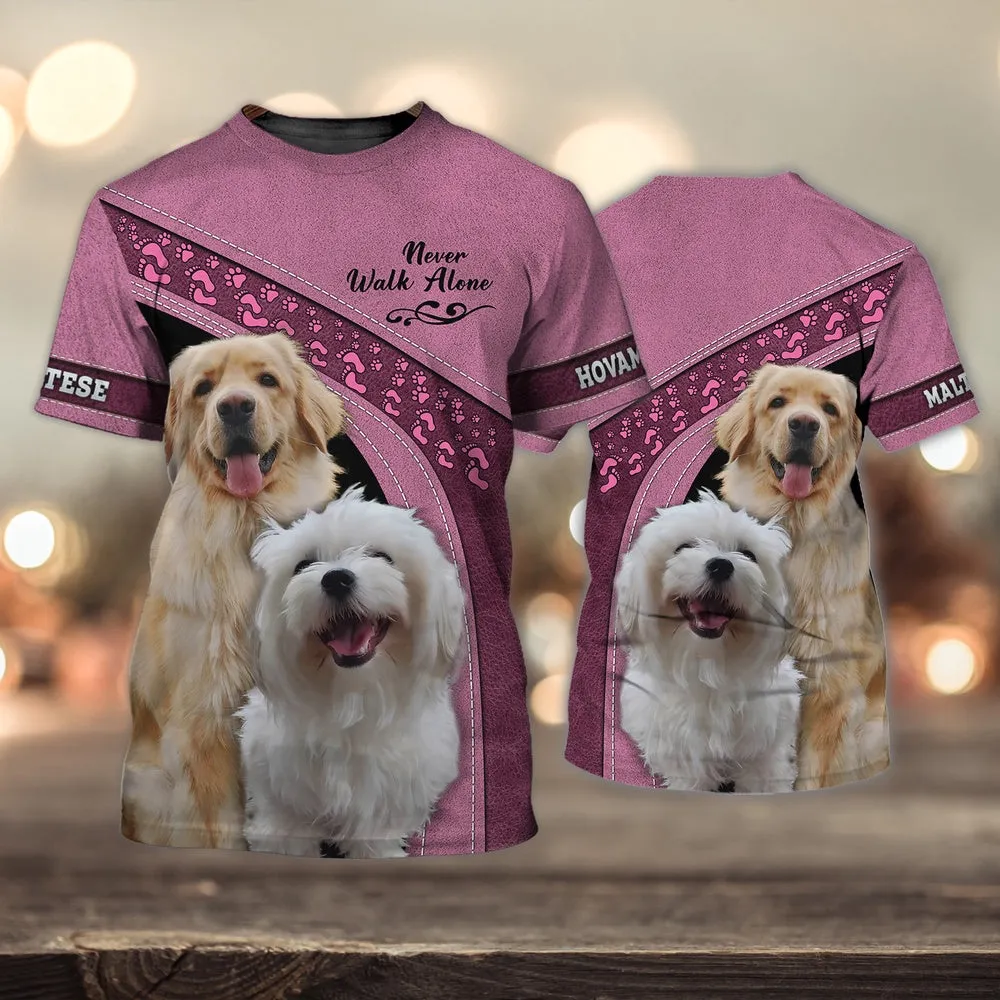 3D Dog T Shirts, Hovawart And Maltese Love Never Walk Alone All Over Print T-Shirt, Gift For Pet Loves