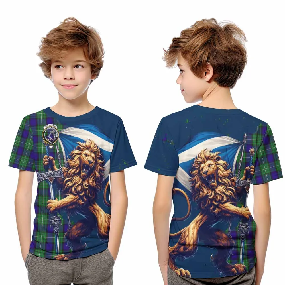 Alexander Tartan Family Crest Kid T-Shirt with Scottish Majestic Lion