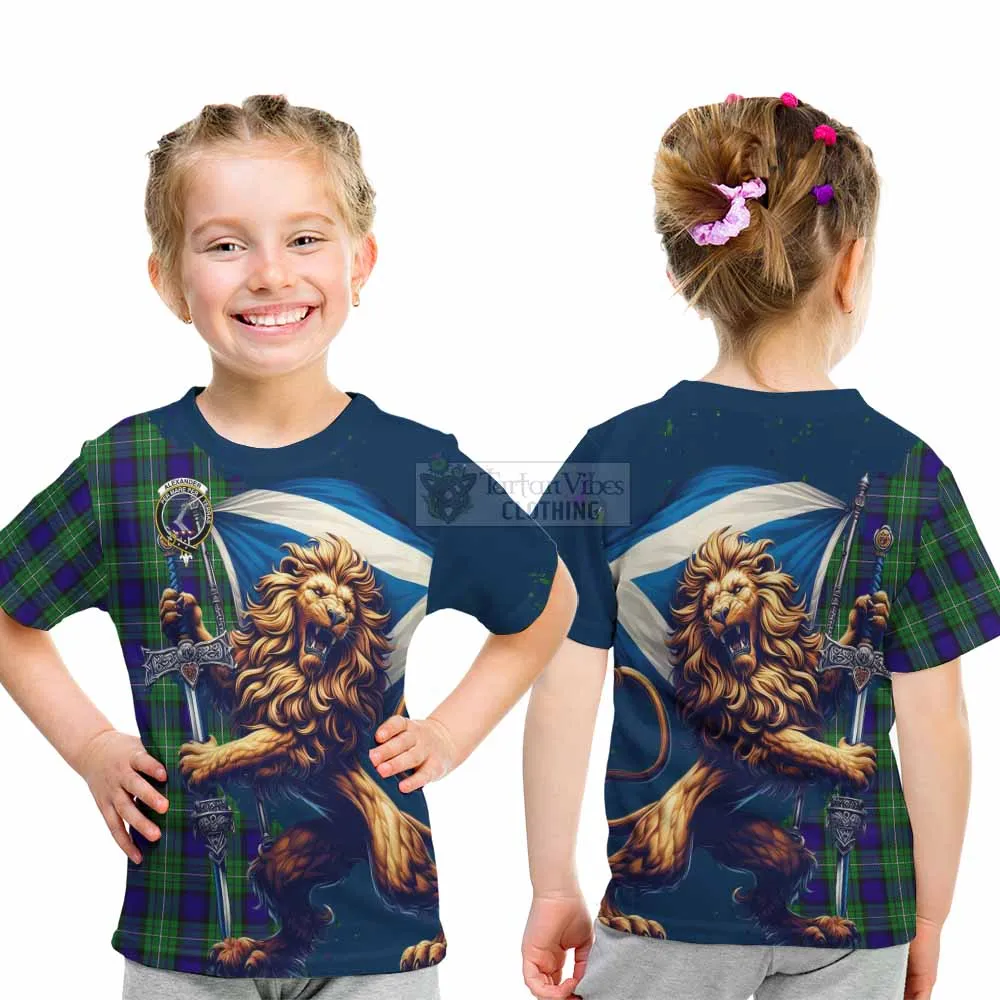 Alexander Tartan Family Crest Kid T-Shirt with Scottish Majestic Lion