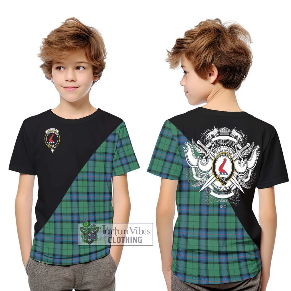 Armstrong Ancient Tartan Kid T-Shirt with Family Crest and Military Logo Style