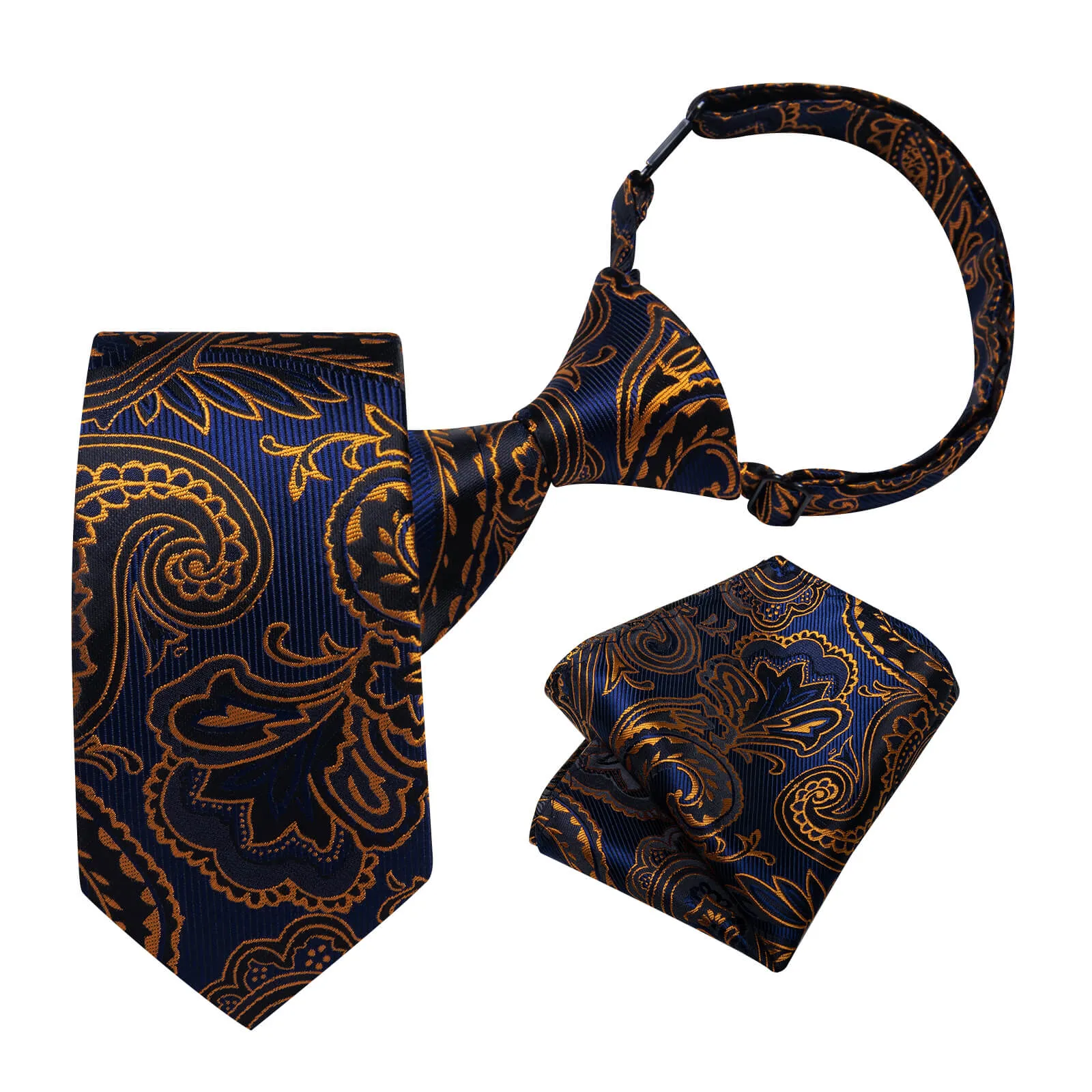 DiBanGu Kids Tie Dark Blue Gold Floral Silk Tie Handkerchief Set