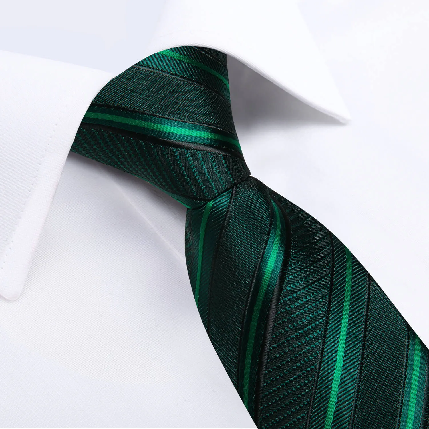 DiBanGu Kids Tie Sapphire Pine Green Striped Silk Tie Handkerchief Set