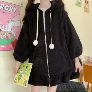 Harajuku Kawaii Rabbit Ear Hoodie Sweatshirt Women Funny White Black Winter Girl Hoodie Oversize Cute Japan Harajuku Clothes