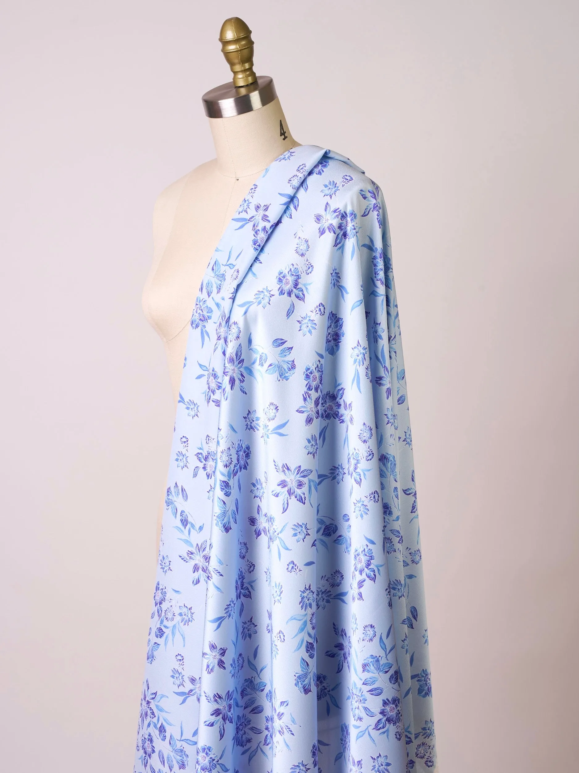 Light blue  and purple   floral   print -  silky satin  Lightweight   fabric