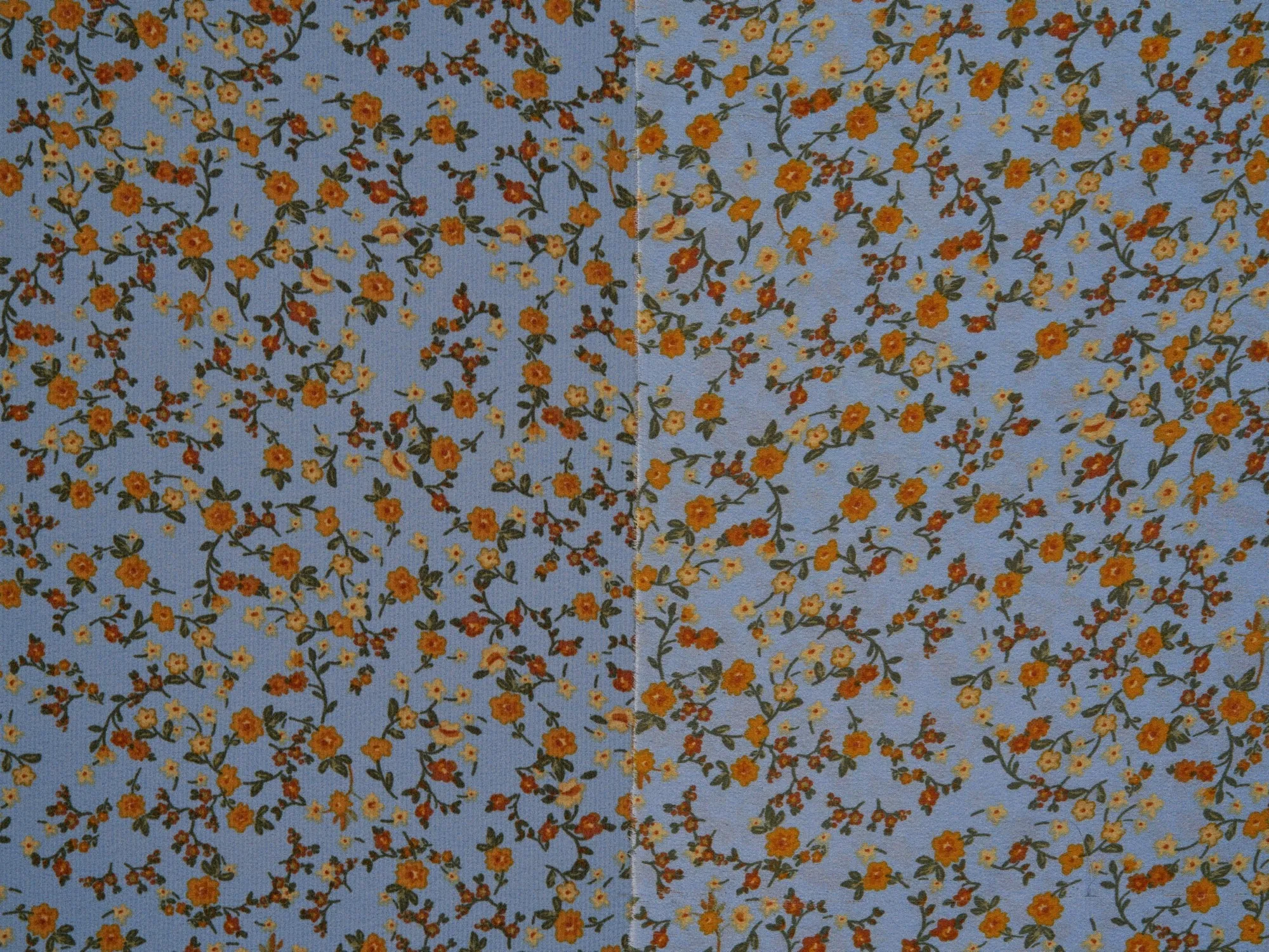 Lightweight  satin  dobby fabric by the yard - Light blue with rust and mustard   dainty floral pattern