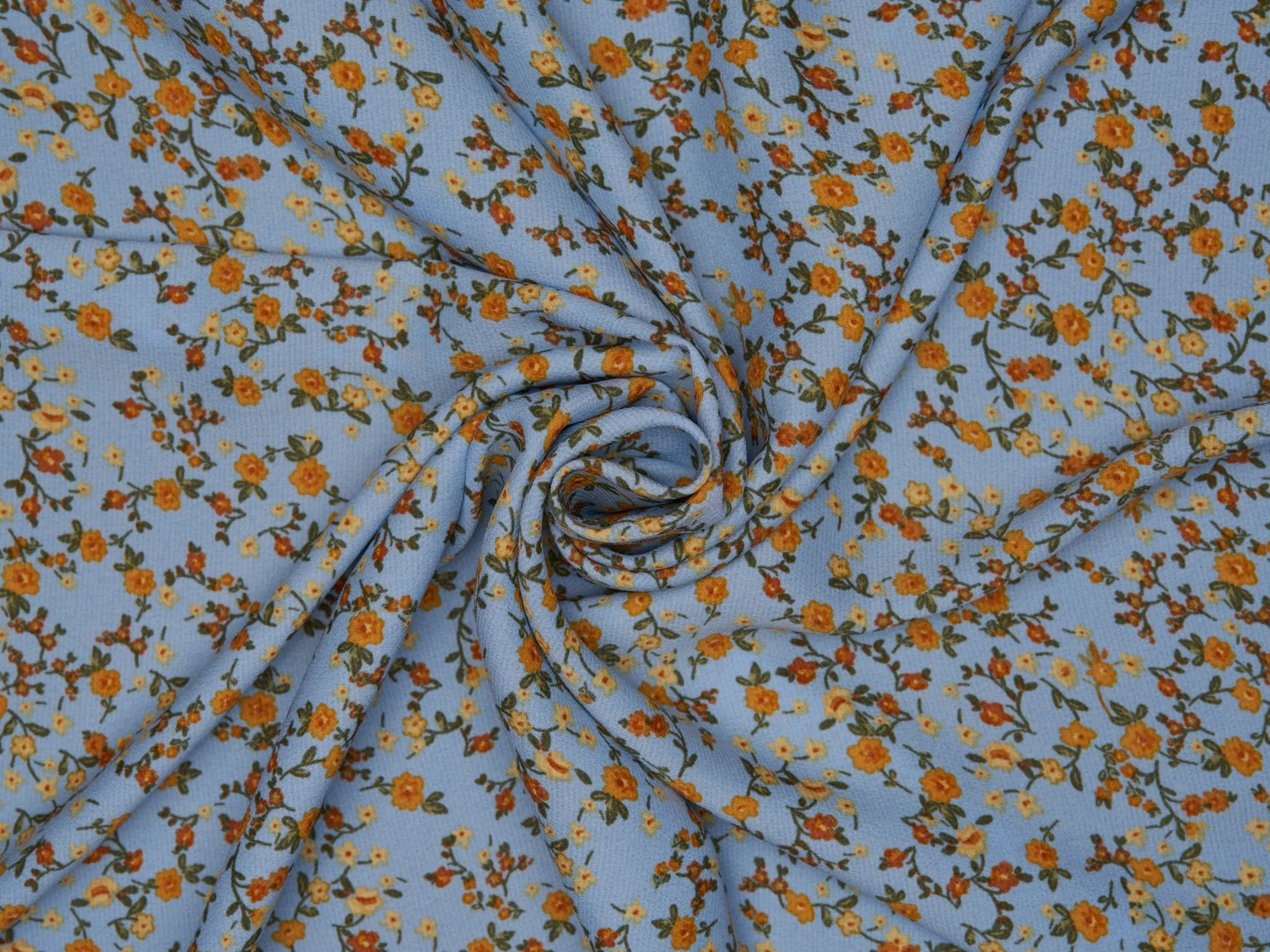 Lightweight  satin  dobby fabric by the yard - Light blue with rust and mustard   dainty floral pattern