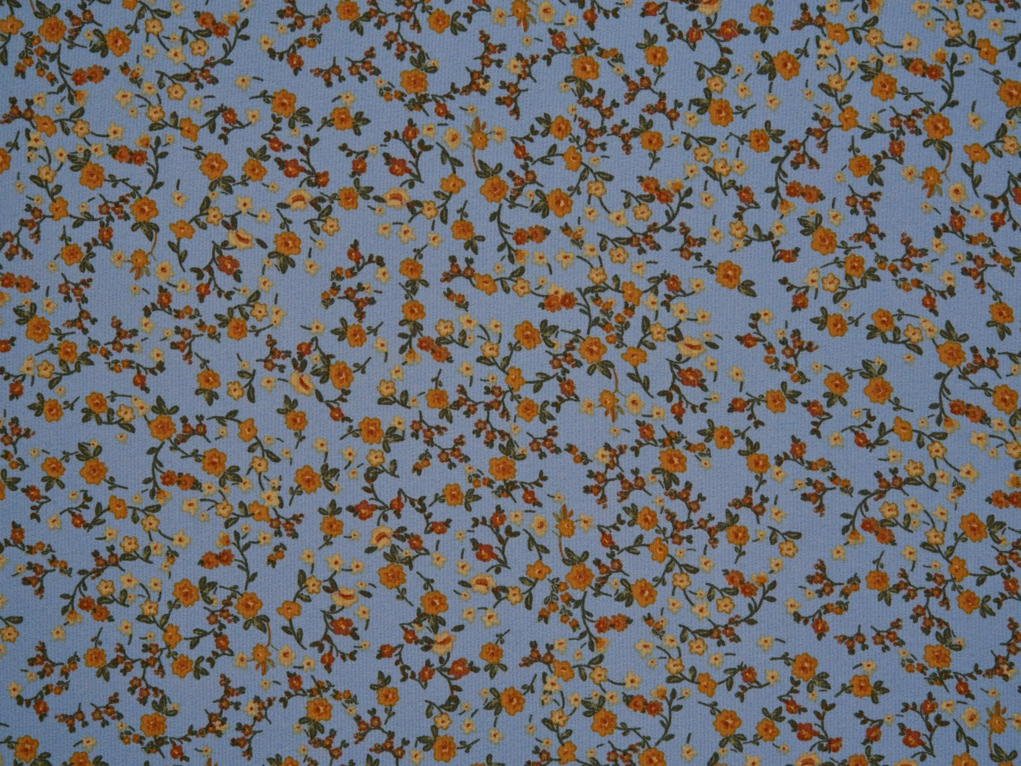 Lightweight  satin  dobby fabric by the yard - Light blue with rust and mustard   dainty floral pattern