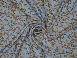 Lightweight  satin  dobby fabric by the yard - Light blue with rust and mustard   dainty floral pattern