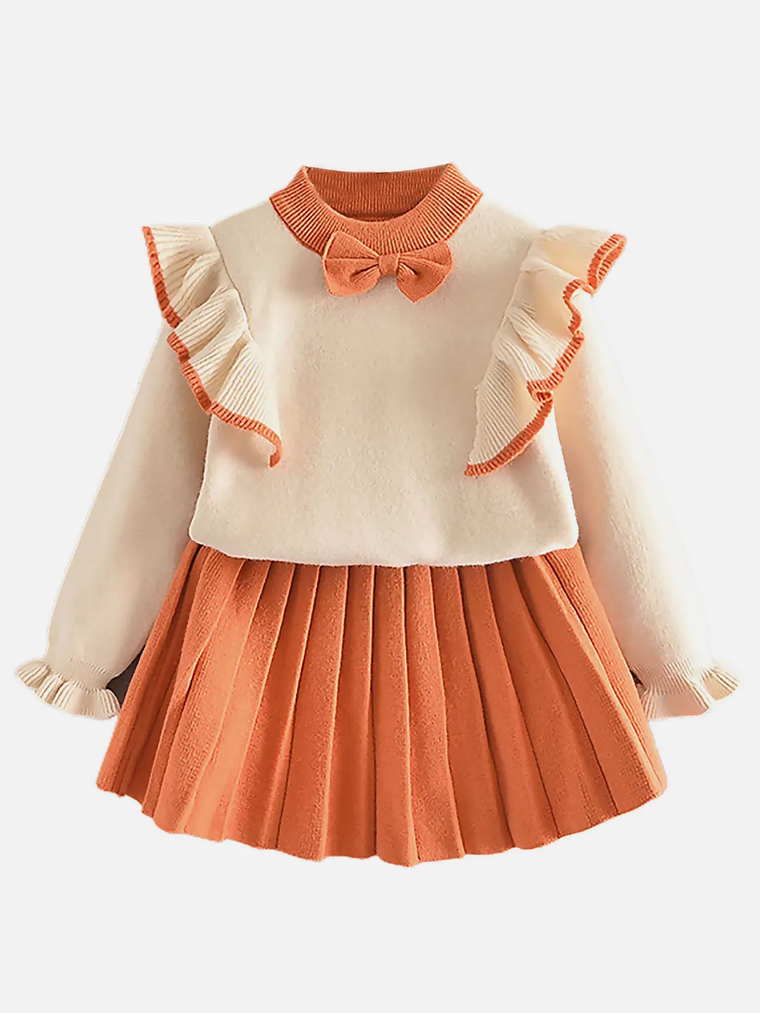 Little Surprise Box Orange Ruffled Shoulder 2 pcs Sweatshirt & Skirt Winterwear set for Girls