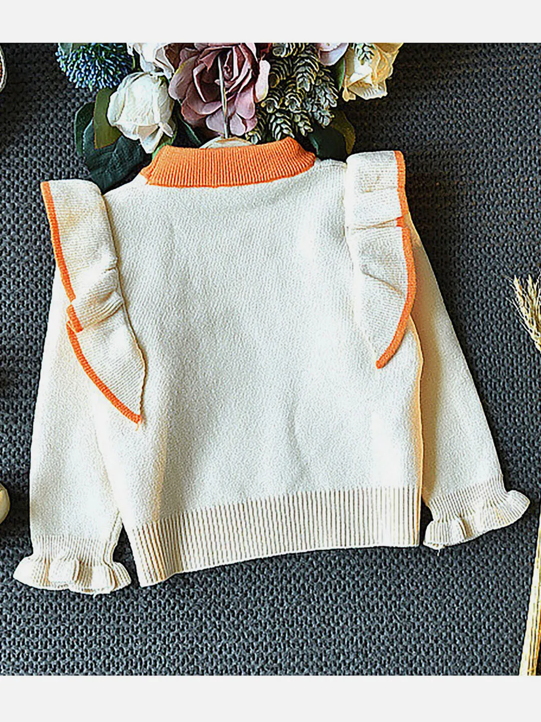 Little Surprise Box Orange Ruffled Shoulder 2 pcs Sweatshirt & Skirt Winterwear set for Girls
