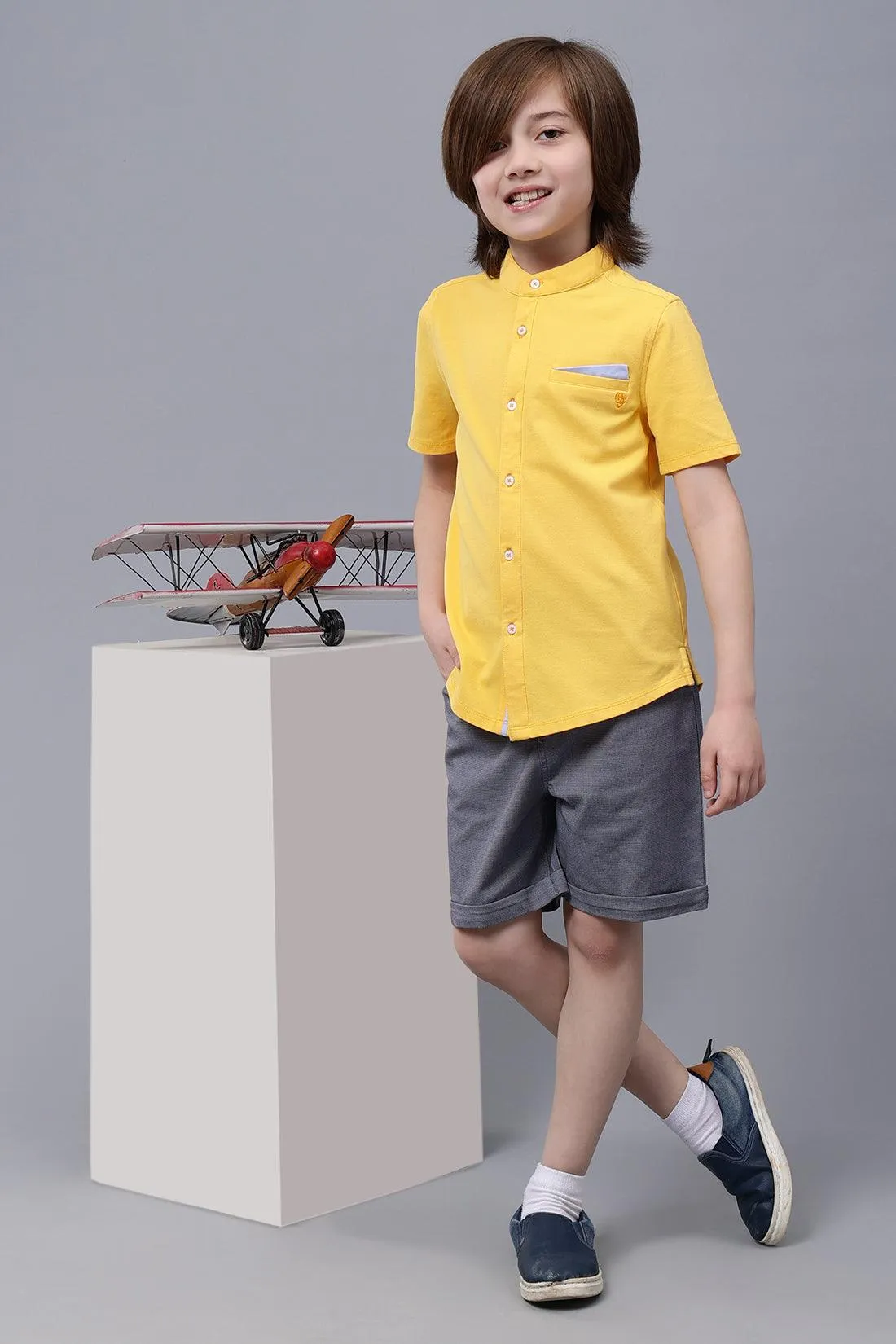 One Friday Kids Boys Yellow Chinese Collar Cotton Shirt