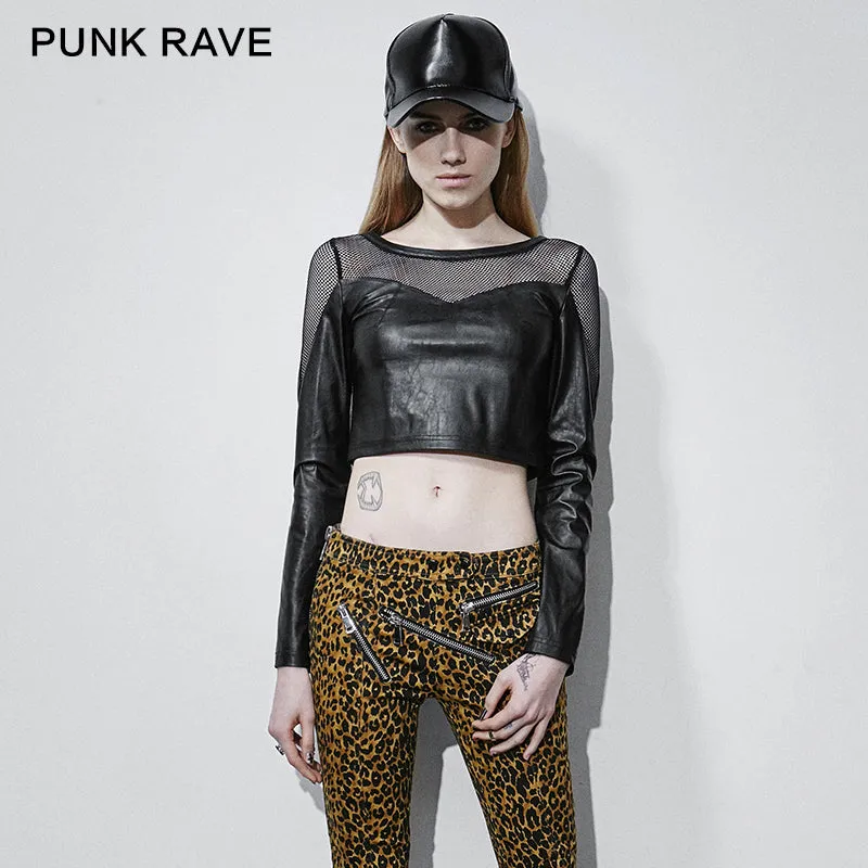 T-410 Fashion Old Skull Long Sleeve Mesh Fabric Leather Punk Shirts