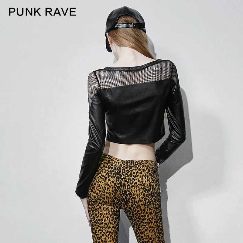T-410 Fashion Old Skull Long Sleeve Mesh Fabric Leather Punk Shirts