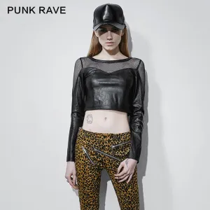 T-410 Fashion Old Skull Long Sleeve Mesh Fabric Leather Punk Shirts