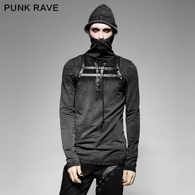 T-442 Steampunk 2 Colors Leather Loop Stylish Punk Shirts With Plain Hooded